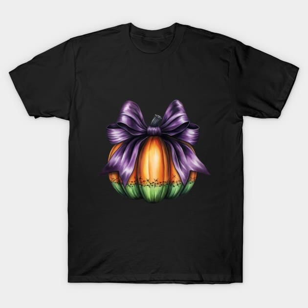 Fall Pumpkin with Big Purple Bow T-Shirt by LaartStudio